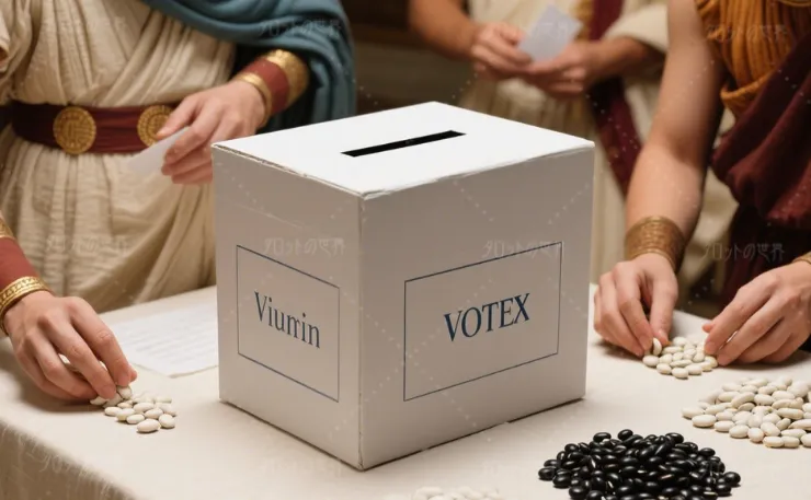 古代ギリシャの投票制度をモチーフにしたイラスト。白と黒の豆が賛否を示し、秘密を漏らす（spill the beans）の語源を表現。民主主義と歴史的背景を視覚的に伝える画像。