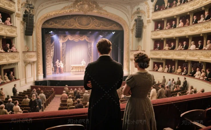 20世紀初頭のイギリスの劇場内部。華やかなボックス席には貴族たちが座り、洗練された衣装をまとって劇を鑑賞している。一方、遠く離れた立ち見席や簡素な木製の席には庶民が集まり、舞台を見つめている。劇場の装飾は豪奢で、階級制度の格差が如実に表れている空間が広がる。
