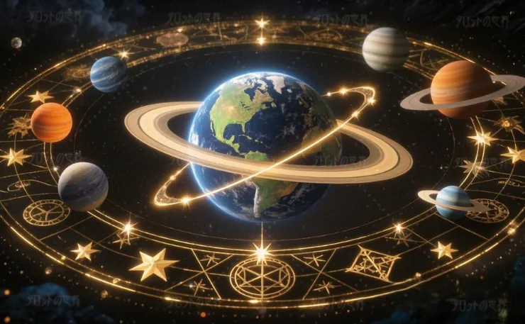 錬金術の神秘的なシンボルと天体の運行が融合した幻想的なイラスト。惑星の軌道が錬金術の記号と交差し、宇宙の秩序と物質の変容を象徴する構図。
