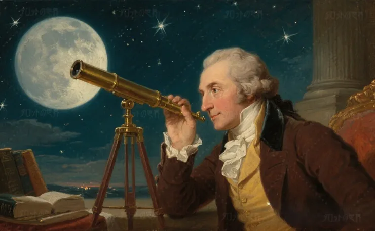 18世紀の天文学者ウィリアム・ハーシェルが星空を観察している様子。Dreaminaで生成されたクラシカルな天文学イメージ。