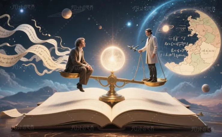 詩人と天文学者による視点の対立と理性のバランスを描いた哲学的イラスト