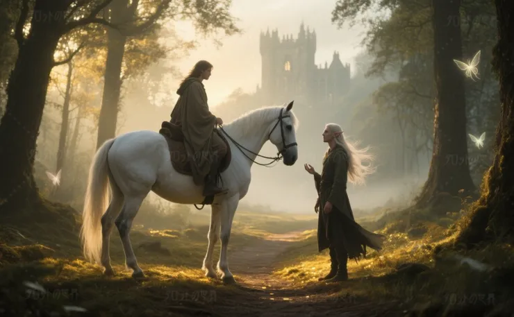 ケルト神話をイメージした幻想的な風景。霧深い森の奥、聖なるオークの木々がそびえ、柔らかな陽光が差し込む。長命のエルフが静かに佇み旅人に話しかけている様子。遠くには霧に包まれた古城が見え隠れする。森の中には妖精の淡い光が揺らめき、静謐な神話の世界が広がる。