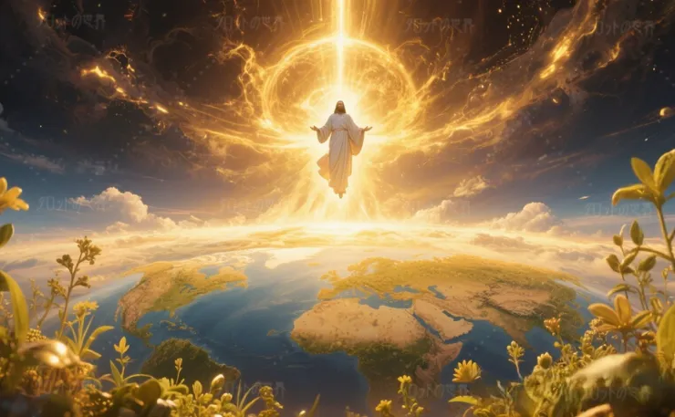 英雄的な戦士が夕日に照らされながら剣を掲げ、群衆が歓声をあげる壮麗な光景。神々が世界を創造する瞬間のように、光と影が壮大な雰囲気を演出し、創世神話の神秘的な力を感じさせる。