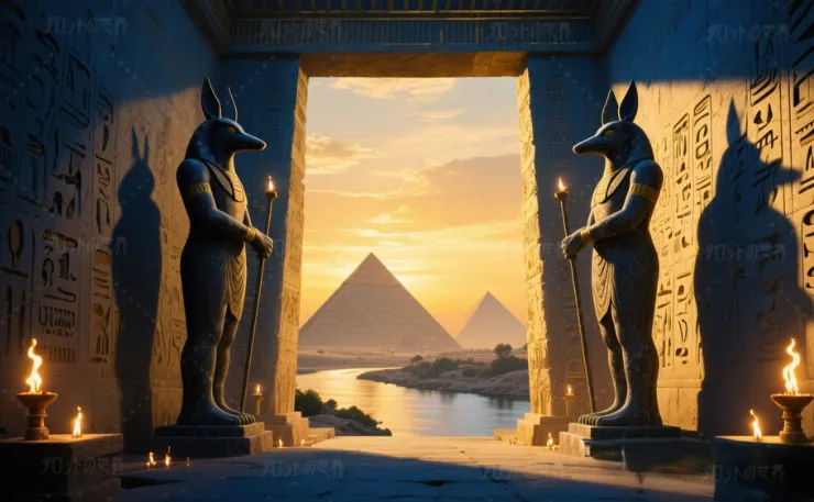 古代エジプトの神殿の入口。ジャッカルの頭を持つ神アヌビスの巨大な像が両側に立ち、手には杖を持っている。壁には楔形文字が刻まれ、燃え盛る松明が神秘的な光を放つ。背景にはギザのピラミッドが夕日に照らされ、遠くには静かに流れる川が見える。エジプト神話の壮麗さと神秘性を感じさせる幻想的な風景。