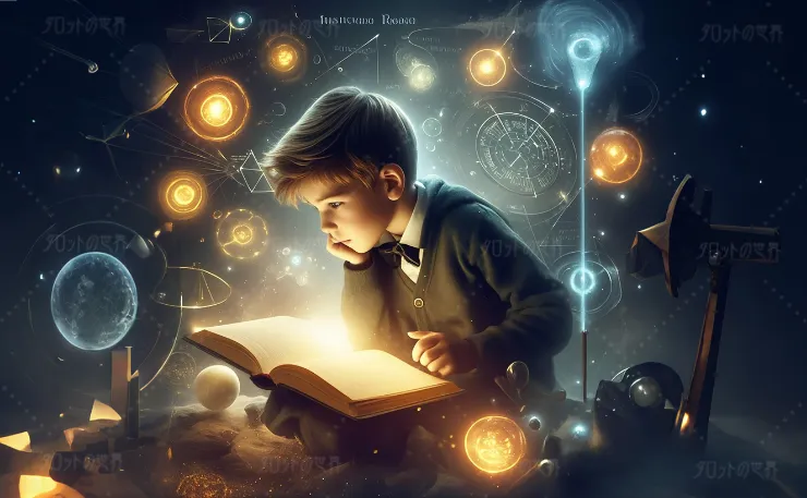 探求する若き知識人が、輝く書物を読みながら知識の光に包まれる。背景には天文学や神秘学の象徴が広がり、探究心の贅沢さが視覚的に表現されている。