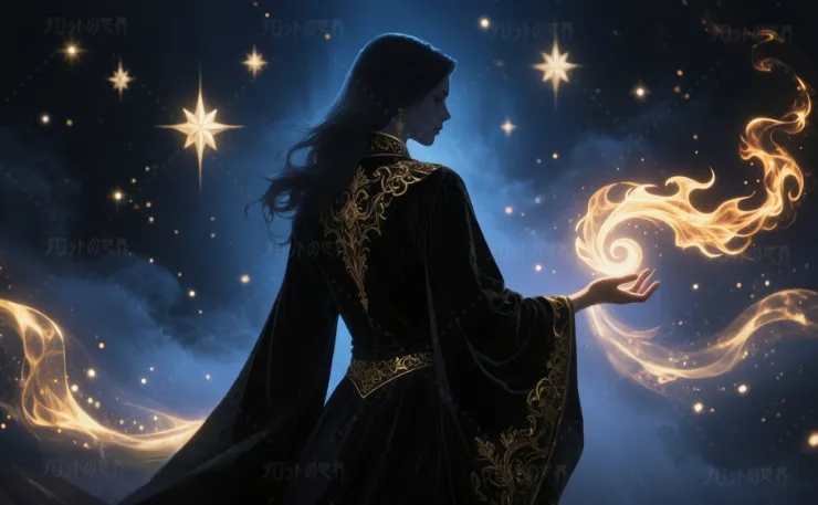 幻想的な魔術師のシルエット。黒いローブをまとい、金の装飾が輝く。手から螺旋状の炎の魔法が放たれ、光の粒子が舞う。背景には星が輝き、神秘的な青い光が広がっている。幻想魔術の雰囲気を表現した一枚。