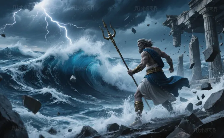 ギリシャ神話の海の神ポセイドンが怒りに満ちた姿で荒れ狂う海の波の中に立つ。彼の手には金色の三叉の槍が握られ、雷鳴が響き渡る空の下、嵐が荒れ狂う。背後には崩れ落ちる古代の神殿があり、ポセイドンの激怒が自然に影響を与えている様子が壮麗に描かれている。