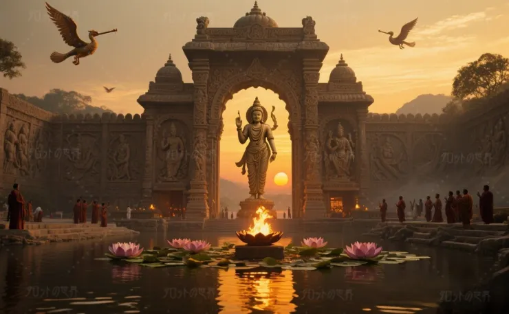 インド神話をイメージした幻想的な風景。中央には壮麗な石造りのアーチがそびえ、夕陽の光に包まれた神像が静かに佇む。アーチや壁には神話的な彫刻が施され、周囲には蓮の花が咲く水辺が広がる。僧侶たちが祈りを捧げ、中央の炎が神聖な儀式の象徴として揺らめく。空には鳥が舞い、穏やかな神秘の雰囲気が漂う。