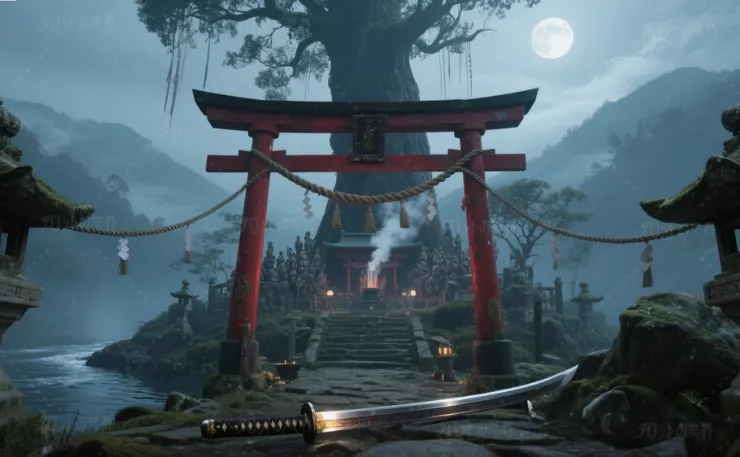 日本神話をイメージした幻想的な風景。霧に包まれた静寂の山頂に朱塗りの鳥居が堂々と佇む。奥には神秘的な神域が広がりる。静かに横たわる刀がまるで鳥居を守っているかのようだ。長い時を経てもなお威厳を湛え、周囲には八百万の神々の気配が漂う。