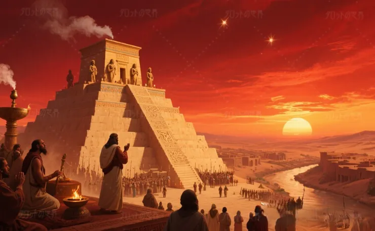 メソポタミア神話をイメージした幻想的な風景。夕焼けの空の下、巨大な階段状の神殿ジッグラトがそびえ立ち、頂上には神々を祀る神殿が静かに佇む。神殿の前には多くの人々が集まり、儀式が行われている様子が描かれている。背景にはティグリス川が流れ、遠くには砂漠と古代都市の建物が広がる。神話の荘厳さと歴史の重みを感じさせる構図。