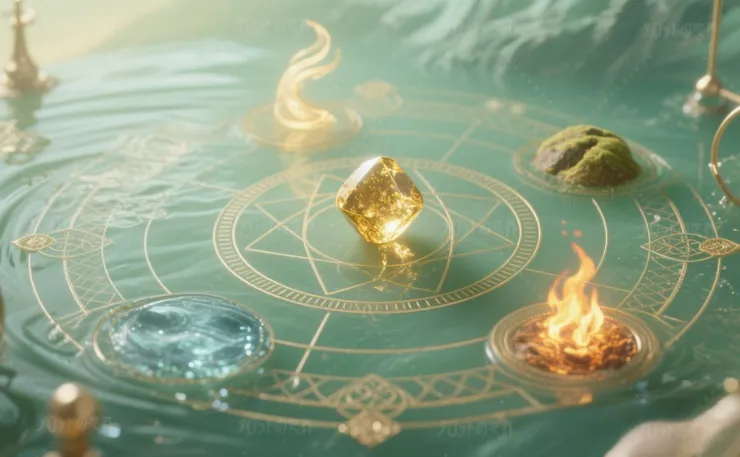 錬金術と神話が交錯する幻想的なイメージ。中央には賢者の石を象徴する緑のオーブが浮かび、周囲には四大元素—風の旋律、大地の輝き、水の流れ、炎の揺らめき—が調和している。神話的な神秘と錬金術の知識が融合した壮麗な構図。