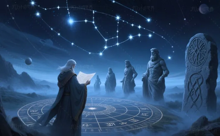 神話と占星術の関連性をイメージした幻想的な図。星々が静かに輝く夜空の下、古代の神々の象徴が浮かび上がる。黄道十二宮が淡く光り、惑星の軌跡が神秘的な模様を描く。神話の物語と占星術の象徴が交差し、運命を紡ぐ神秘的な構図。