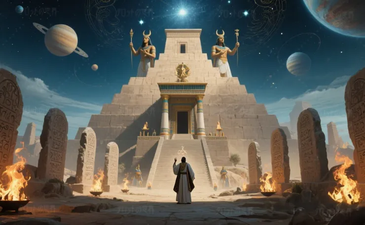 古代バビロニアの占星術と儀式魔術の融合を描いた幻想的な光景。壮大なジッグラトの前で、儀式を執り行う人物が立つ。頂上には神々の像が鎮座し、背景には星空と惑星が浮かぶ。石碑には古代文字が刻まれ、周囲には神聖な炎が揺らめく。神秘と知識が交差する場面。