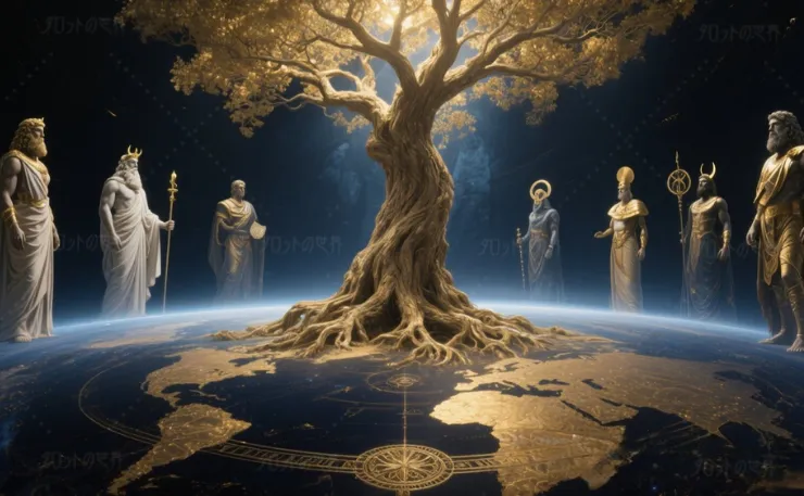 カバラの神秘的な世界観と神話の象徴が融合した幻想的な構図。中央には神聖な世界樹がそびえ、その周囲にはギリシャ、エジプト、北欧の神々が静かに佇んでいる。深遠な光と象徴的なエネルギーが調和し、神秘的な叡智と神話の力が交差する壮麗なアートワーク。