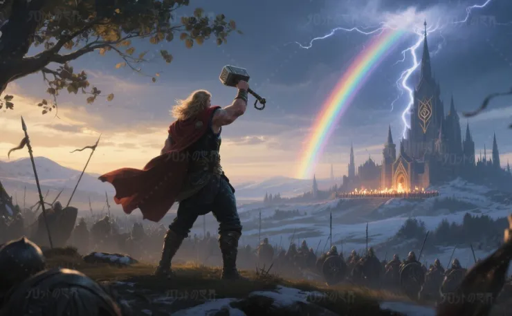 北欧神話をイメージした幻想的な風景。右側に壮麗な神殿が建ち、虹の橋ビフレストが光り輝く。雷神トールが戦場の高台に立ち、背を向けながら勝利の雄叫びを上げる。彼の周囲には稲妻が走り、空には神々の力が満ちている。ヴァルハラの館では祝宴の火が穏やかに燃えている。神話の壮麗さと神秘性が調和する幻想的な光景。