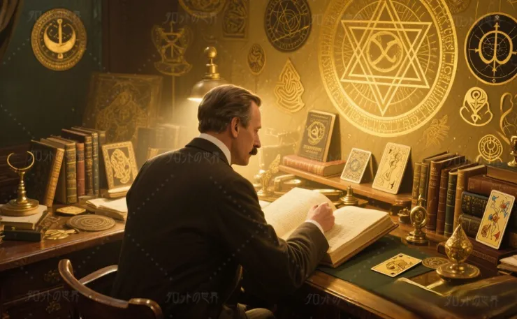 書斎の机に座るオカルティスト。開かれた書物と神秘的な象徴に囲まれ、錬金術や占星術の研究を進めている。彼の姿はウェイトを思わせるが、その正体は定かではない。壁には六芒星や秘儀の紋章が描かれ、知識の探求と神秘学への深い洞察を表現している。