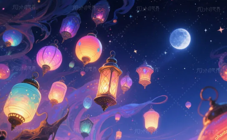 幻想的な夜空に浮かぶカラフルなランタンの群れ。月と星々に囲まれた空間には、リボン状の光が流れ、夢のような幻想的な雰囲気を演出している。ランタンは様々な形をしており、それぞれに繊細なデザインが施され、視覚的な魔法のような効果を生み出している。右下には『phantasmagoria』の文字があり、幻想の世界が広がる。