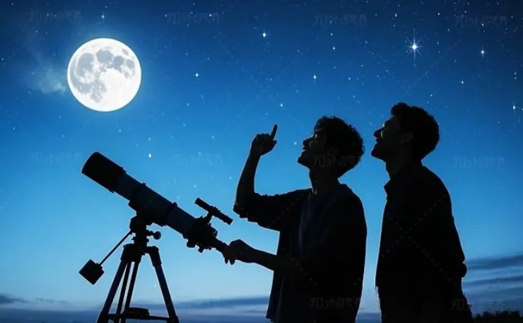 科学者が計算に夢中になっている隣で、もう一人は広がる星空を眺めて宇宙の神秘を感じている。知性と感性、理論と詩が共に存在する穏やかな観察のひととき。