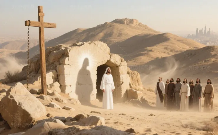 イエス・キリストの復活を象徴する荘厳な場面。墓の前に立つ白い衣をまとった人物が光を浴び、周囲の人々がその姿を見つめる。