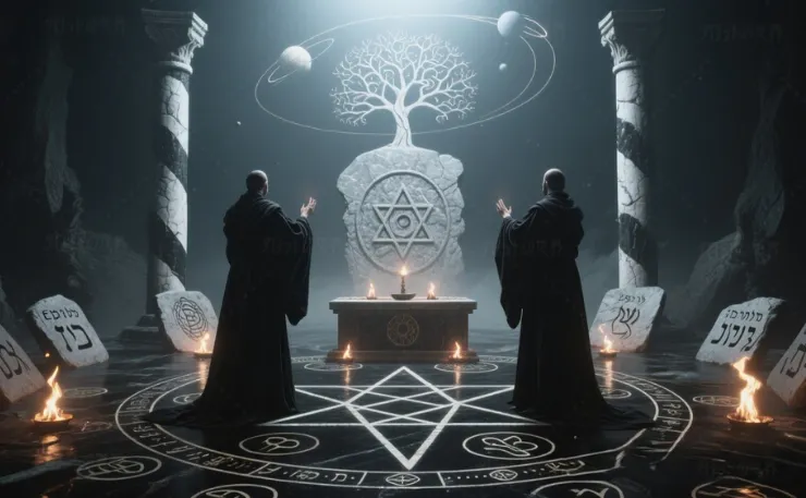 神秘的な儀式魔術が執り行われる荘厳な空間。中央の祭壇には古代の象徴が刻まれ、ローブを纏った魔術師たちが静かに儀式を行っている。床には精緻な六芒星が描かれ、神聖な印が儀式の力を高める。空には惑星の軌跡が輝き、カバラの生命の樹が淡く浮かび上がる。魔術と神話が交錯する神秘的な場面。