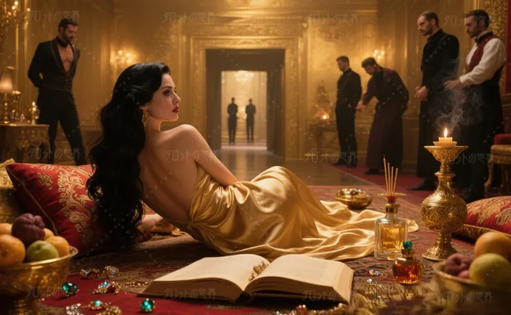 金色の豪奢な室内で金のドレスを着た女性が横たわり、果物や宝石、香炉が周囲に配されている。背景には男性たちが静かに立ち、幻想的な雰囲気が漂う。