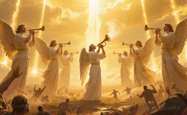 ヨハネの黙示録」に描かれる「ラッパの制裁」をイメージした荘厳な光景。7人の天使が並び、一人がラッパを吹き鳴らすことで神の裁きが下る。金色の空の下、人々は混乱しながら逃げ惑い、その運命を見つめる天使たちの姿が際立つ。聖なる審判の瞬間を象徴するイラスト。
