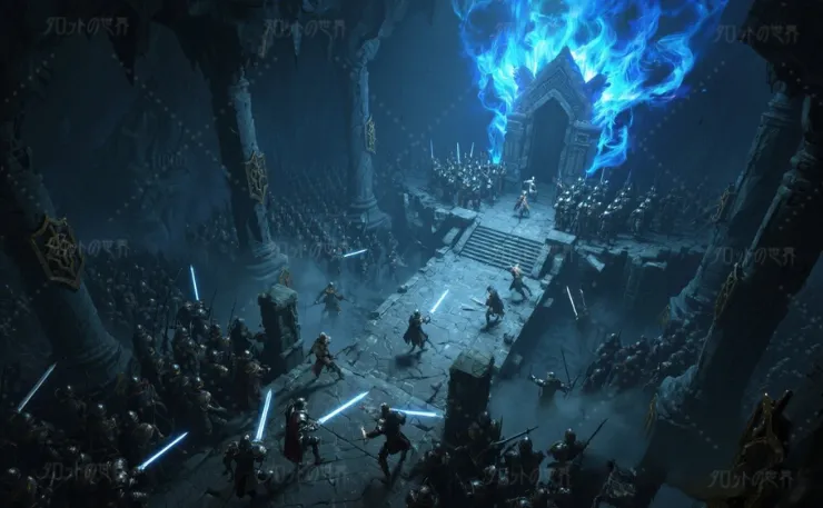 青い炎が輝く古代の神殿にて、重装備の守護者（ガーディアン）たちが、選ばれし勇者たちと戦う壮大な戦闘シーン