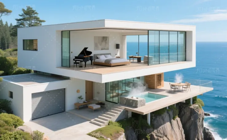 海に面した崖の上に建つ、温泉とテラス付きのモダンな二階建て住宅。大きなガラス窓から海を望む寝室と、緑に囲まれた静かなロケーションが特徴。