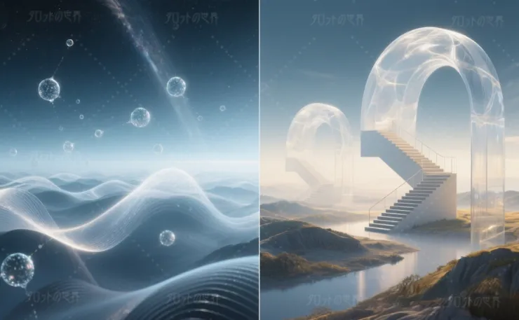 量子力学と形而上学のテーマに基づいた抽象的な風景画像。左側には光の粒子や波のような構造が浮かび、右側には階段やアーチ状の形が霞んだ背景の中に配置されている。両者は柔らかなグラデーションでつながっている。