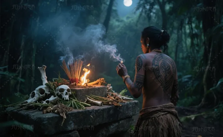 月明かりに照らされたジャングルで儀式を行うシャーマンの後ろ姿。石の祭壇と煙、骨や乾燥した薬草が並び、神聖で原始的な雰囲気が漂う。