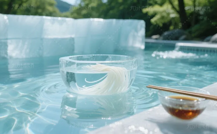 氷の器に冷たい水とそうめんが盛られ、手前には氷製のおちょこに入っためんつゆと箸が添えられている。背景には緑の木々が広がり、涼しげな夏の雰囲気を感じさせる構図。