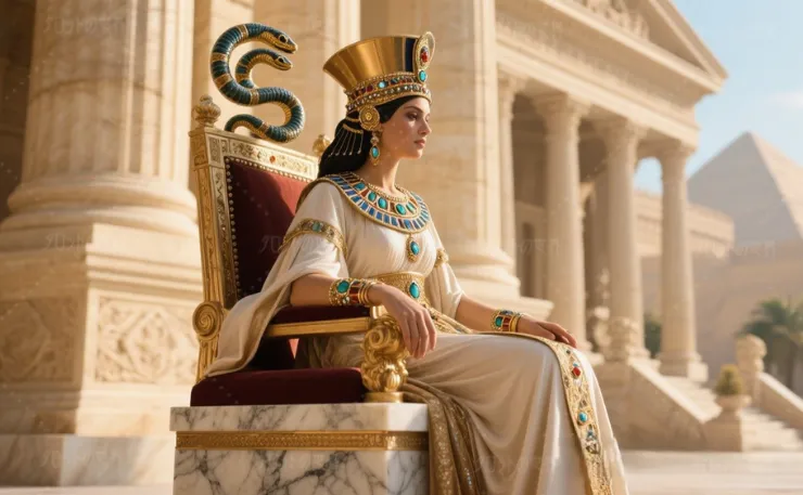 古代エジプトの女王クレオパトラ7世をイメージした横顔の肖像。金と宝石をあしらった王冠と衣装をまとい、宮殿内の玉座に座る姿。背景には夕暮れの空と古代建築が広がる。