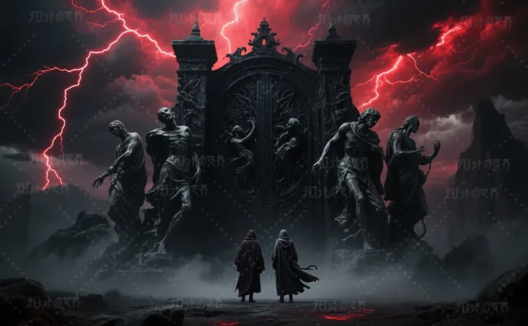 ダンテ『神曲』の地獄篇をモチーフにした幻想的な門のイメージ。暗い空に赤い稲妻が走り、苦悶する彫像が並ぶ黒い門の前に旅人が立つ。
