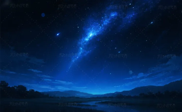 天の川が夜空に輝き、星々が瞬く中、山並みと川が静かに広がる幻想的な風景。七夕を思わせる青く澄んだ銀河が、空の深みと静寂を際立たせている。