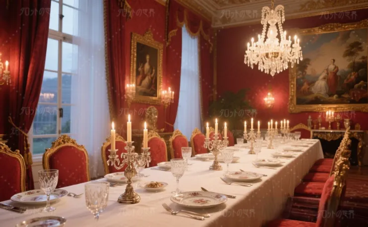 貴族風の室内でテーパーキャンドルが並ぶ食卓。赤い壁と金の装飾、陶器やグラスが整えられた豪華なテーブルセッティング。