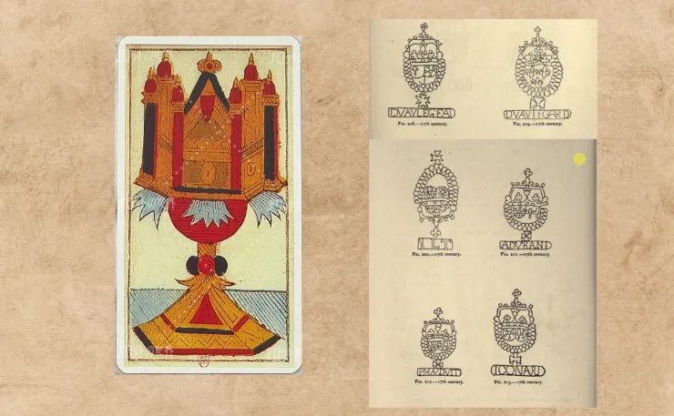 マルセイユタロットのカップのエースと、Harold Bayley『A New Light on the Renaissance』に掲載された6つの杯の紋章図案を比較した画像。中世からルネサンス期にかけての象徴的・建築的モチーフが描かれている。