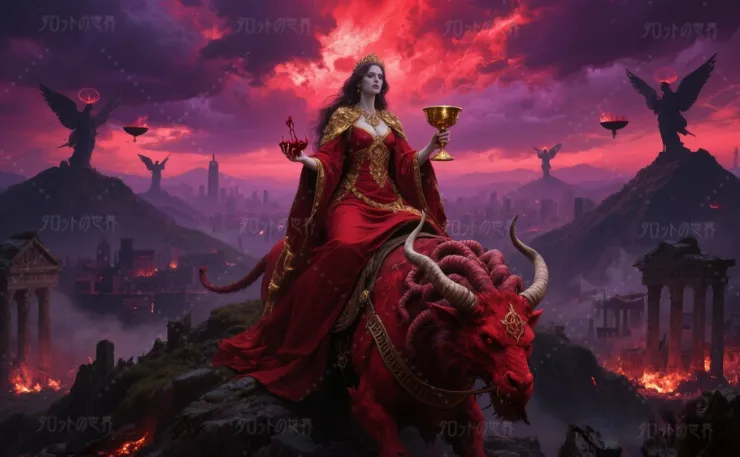 『ヨハネ黙示録』に登場する〝バビロン〟をイメージした象徴的風景。赤い衣をまとった女性が七つの頭と十本の角を持つ赤い獣にまたがり、背後には炎に包まれた都市と七つの丘が広がる。