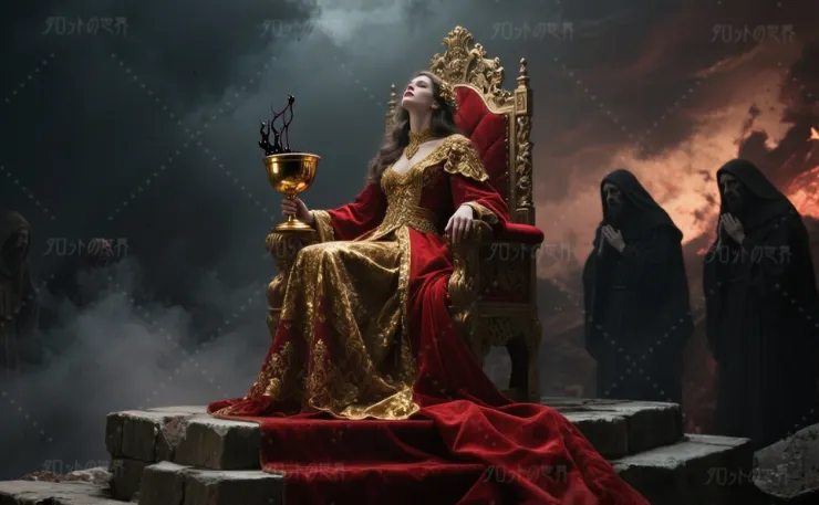 金と赤の装束を纏った女性が王座に座り、黒煙を立ち上らせる金の杯を掲げる。背後には炎と崩れかけた建築群が広がり、黙示録的な空のもと、“大いなるバビロン”を彷彿とさせる象徴的な構図が展開されている。