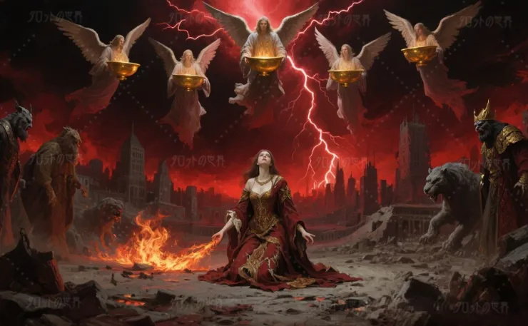 黙示録的な都市の空に雷が走り、五人（本来は七人）の天使が金の鉢を掲げて裁きをもたらす中バビロンと思われる女性が炎に包まれてひざまずく。獣や王たちが冷ややかな視線を注ぐ構図の背後には、崩壊した都市が広がる。〝バビロンの終焉〟を彷彿とさせる荘厳で象徴的な場面。