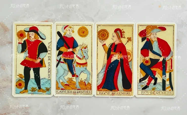 マルセイユタロットの金貨のペイジ、騎士、女王、王を並べた比較画像。