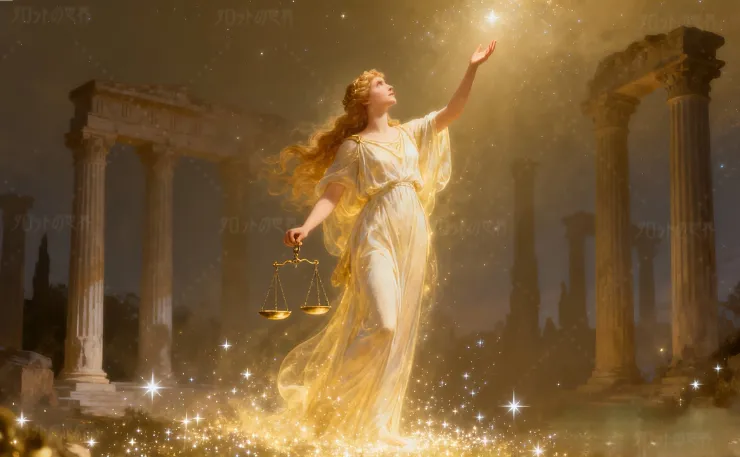 ギリシャ神話の女神、正義を司るアストレアが天秤を持ち、金色の光に包まれて古代神殿の前に立つ姿