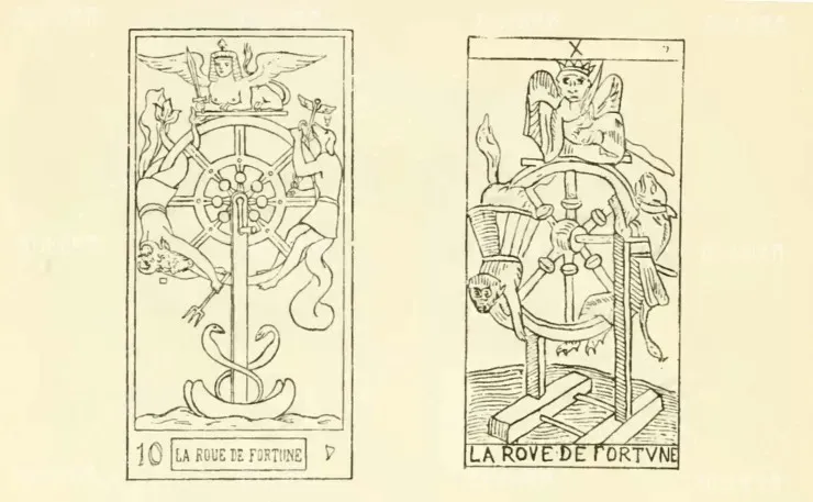 パピュス著『The Tarot of the Bohemians』に描かれた『運命の車輪』の図像。左がエリファス・レヴィ、右がパピュスの版。