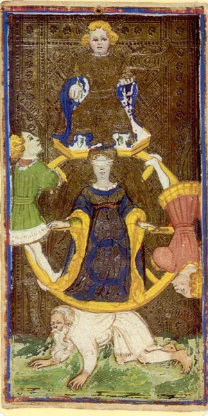 ピアポント・モルガン・ベルガモ版ヴィスコンティタロット:「運命の車輪」(1450年前後)