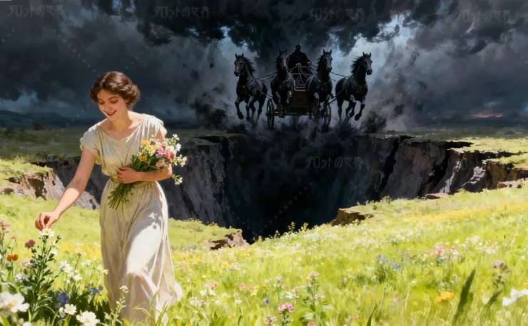 ギリシャ神話『デルメル讃歌』をイメージした画像。野原で花を摘む少女コレー（ペルセポネ）と、背後の大地の裂け目から現れる冥界の王ハデスの影。